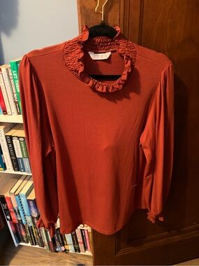 Ruffled Mock Neck Long Sleeve Top - Rust